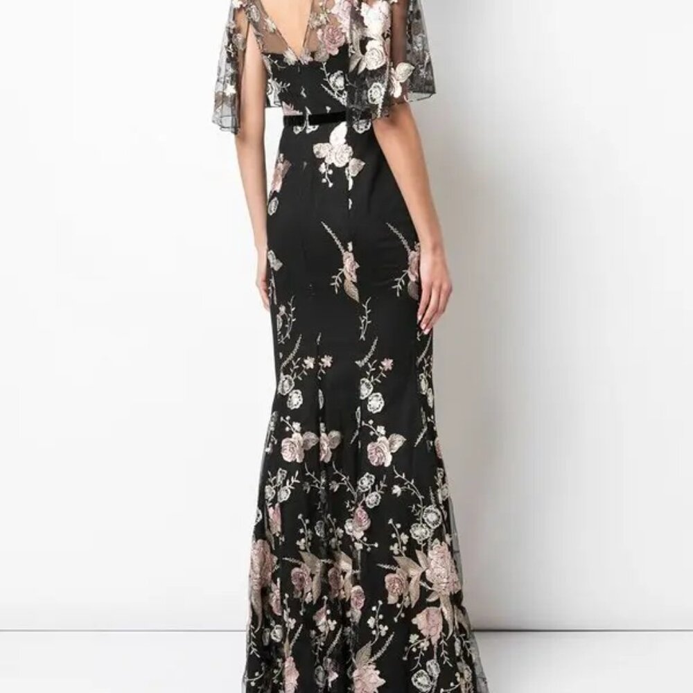 Marchesa Notte Floral Embroidered V-Neck Cape Flutter Sleeve Gown Size 2 - Picture 11 of 11